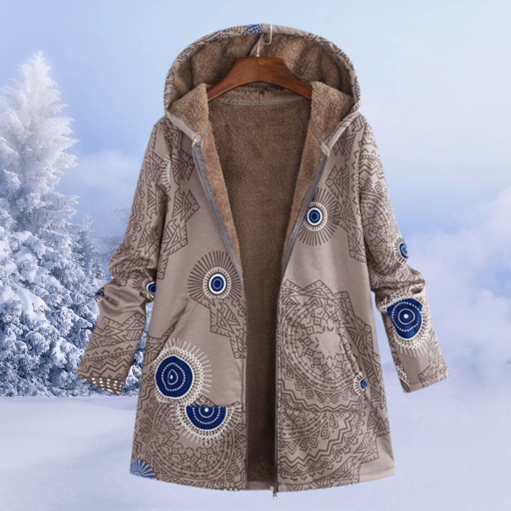 Nasya women’s floral pattern winter coat with hood and fluid silhouette – elegant outerwear