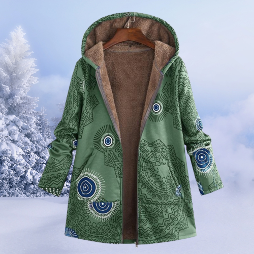 Nasya women’s floral pattern winter coat with hood and fluid silhouette – elegant outerwear