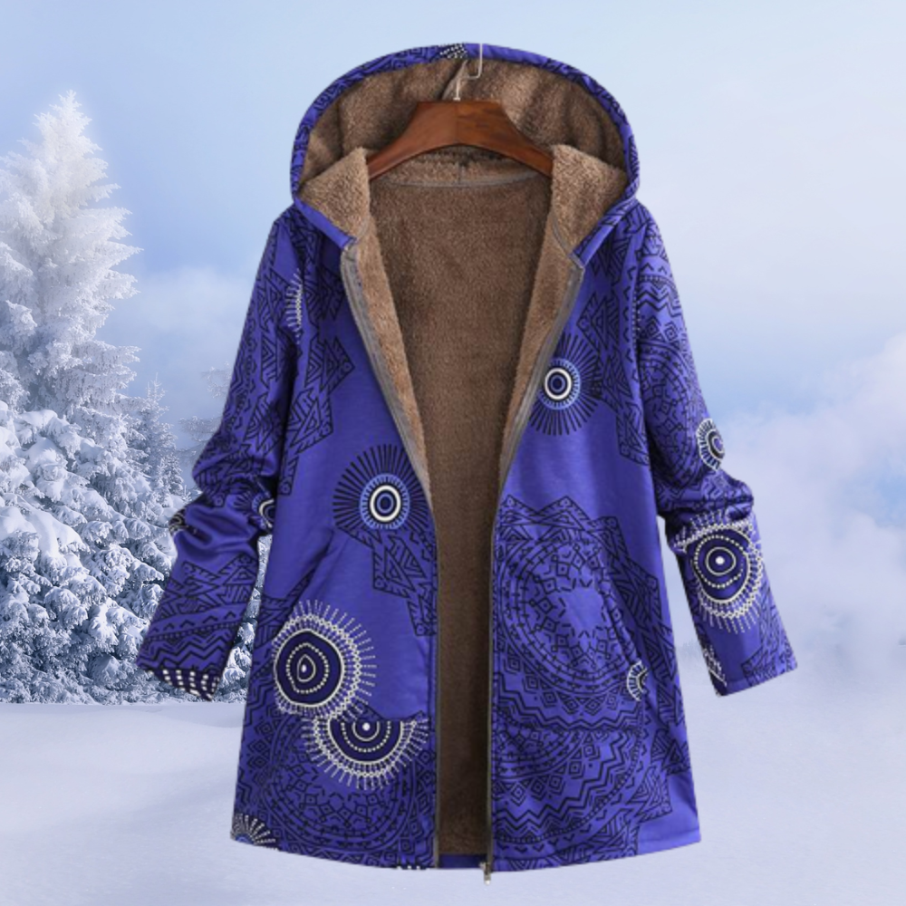 Nasya women’s floral pattern winter coat with hood and fluid silhouette – elegant outerwear