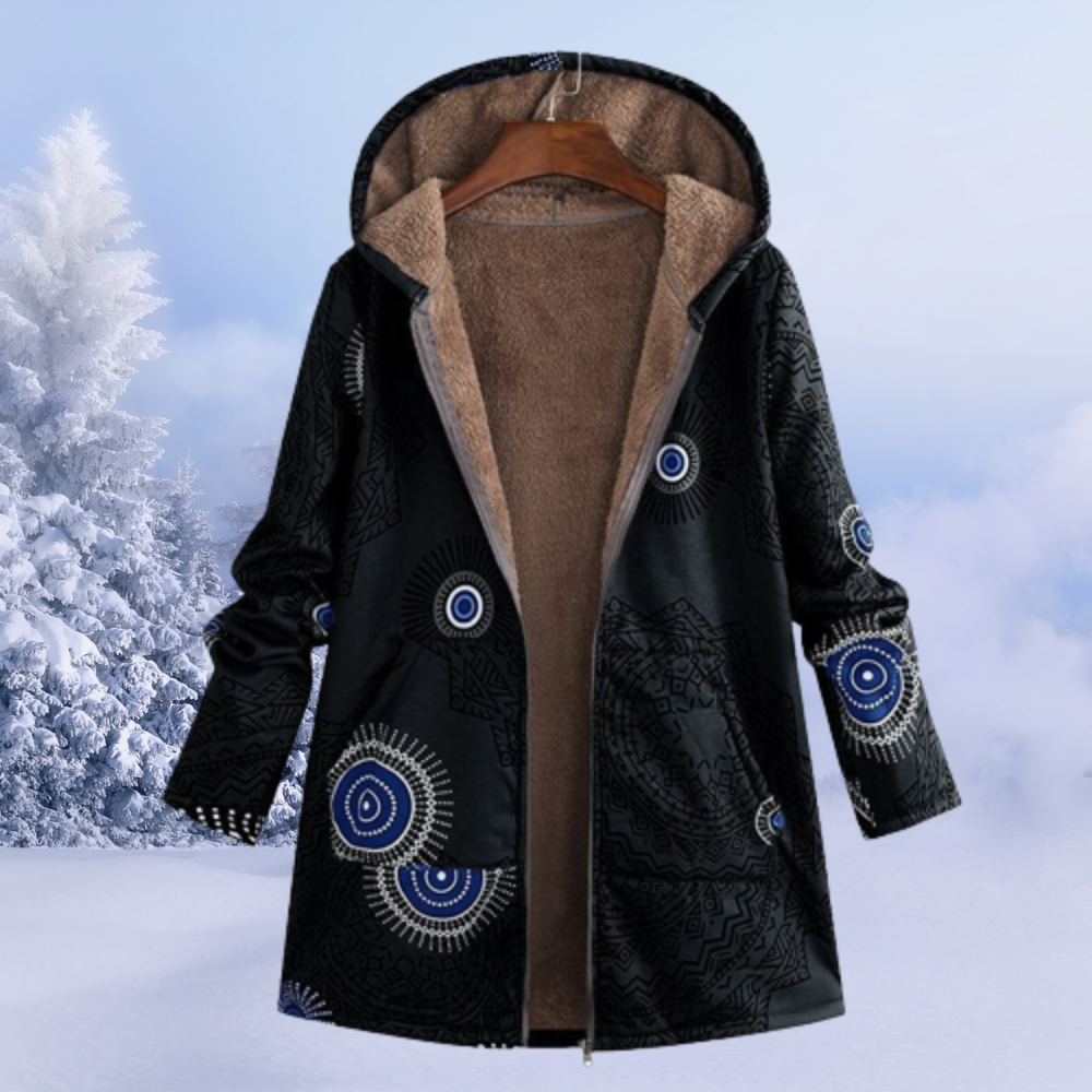 Nasya women’s floral pattern winter coat with hood and fluid silhouette – elegant outerwear