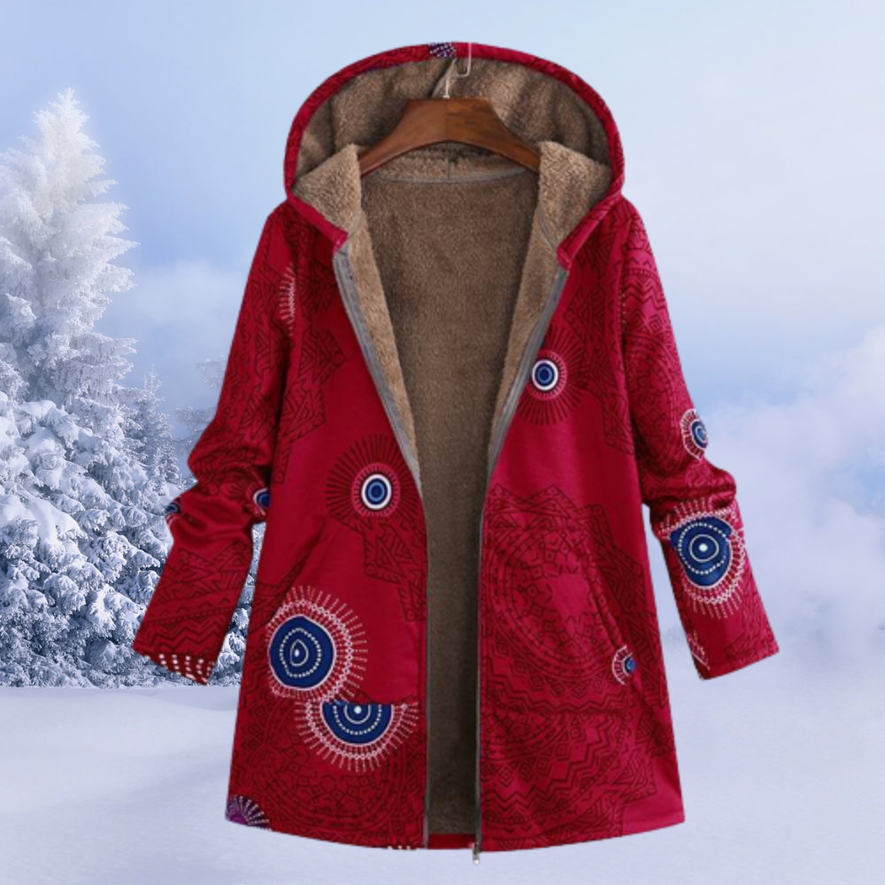 Nasya women’s floral pattern winter coat with hood and fluid silhouette – elegant outerwear