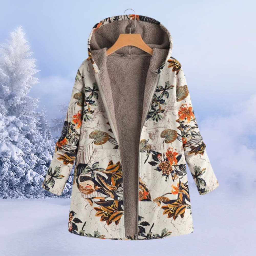 Nasya women’s floral pattern winter coat with hood and fluid silhouette – elegant outerwear