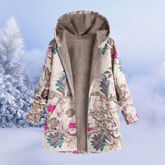 Nasya women’s floral pattern winter coat with hood and fluid silhouette – elegant outerwear