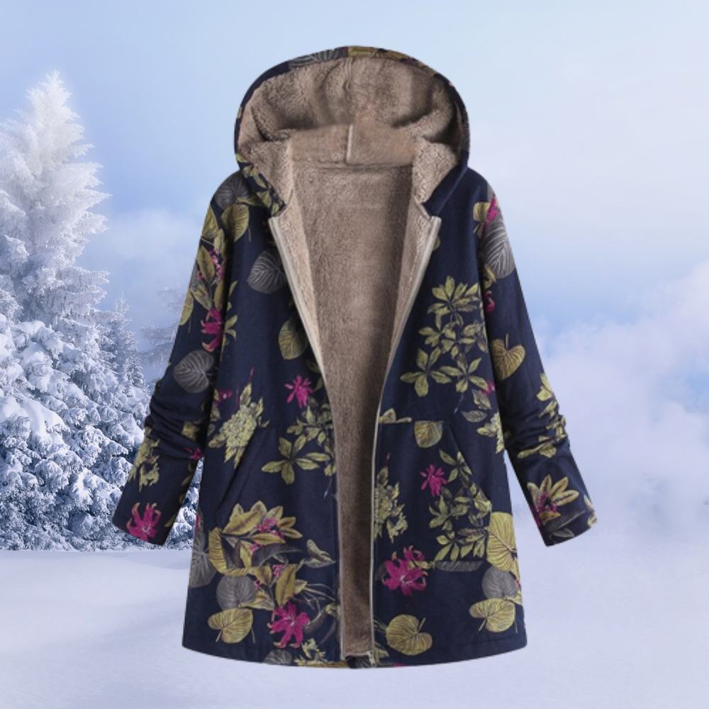 Nasya women’s floral pattern winter coat with hood and fluid silhouette – elegant outerwear