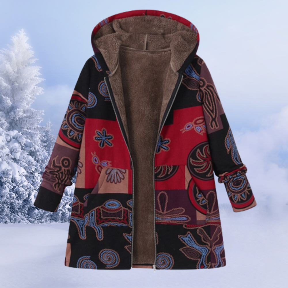 Nasya women’s floral pattern winter coat with hood and fluid silhouette – elegant outerwear