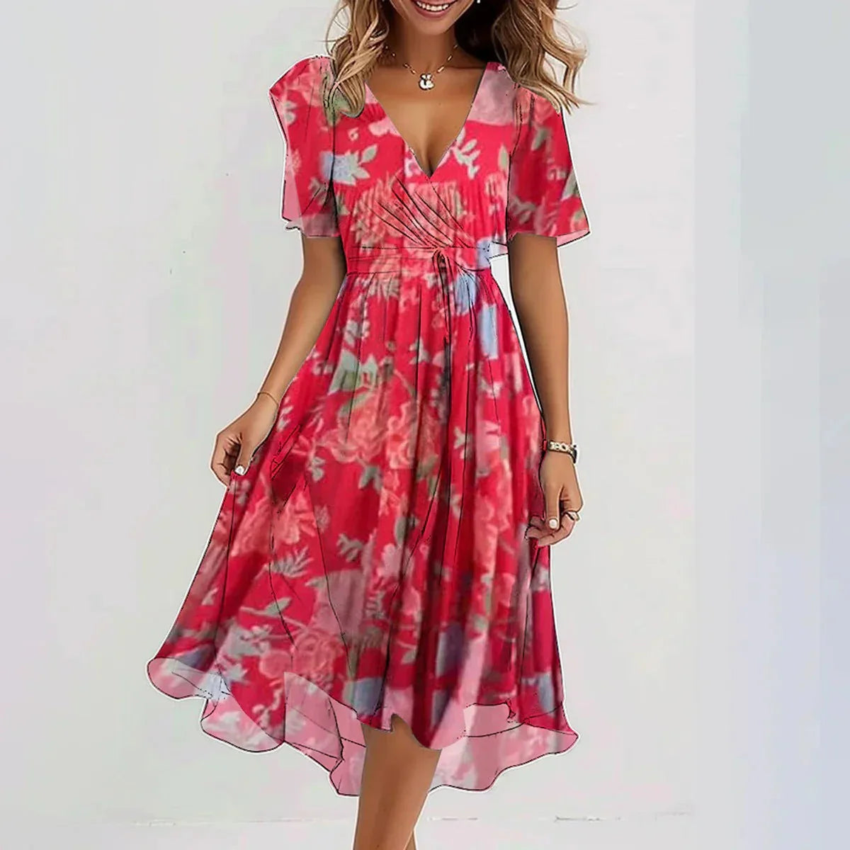 Aria women's v-neck dress with long sleeves in a fluid, elegant silhouette.