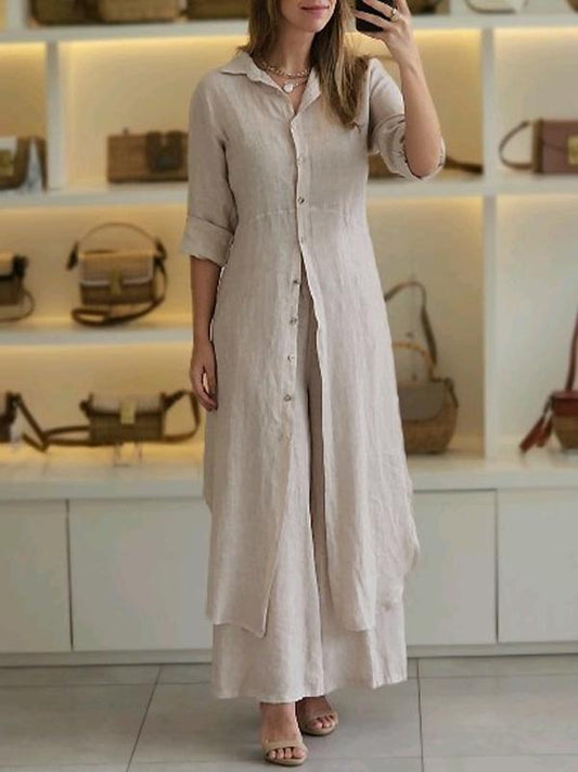 Luna two-piece set featuring a long-sleeve button-up shirt and wide-leg pants in a relaxed fit.