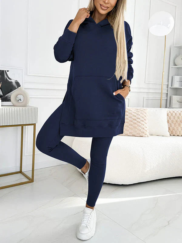 Kaia two-piece women's set with a high-neck sweatshirt and leggings in a neutral color.