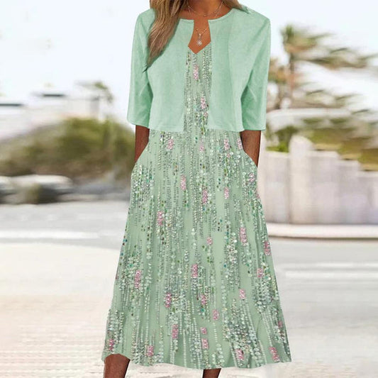Clara women’s midi dress with floral print and matching blazer, versatile and elegant ensemble