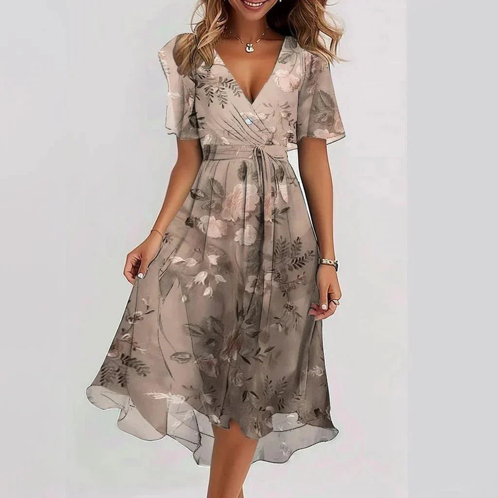 Aria women's v-neck dress with long sleeves in a fluid, elegant silhouette.