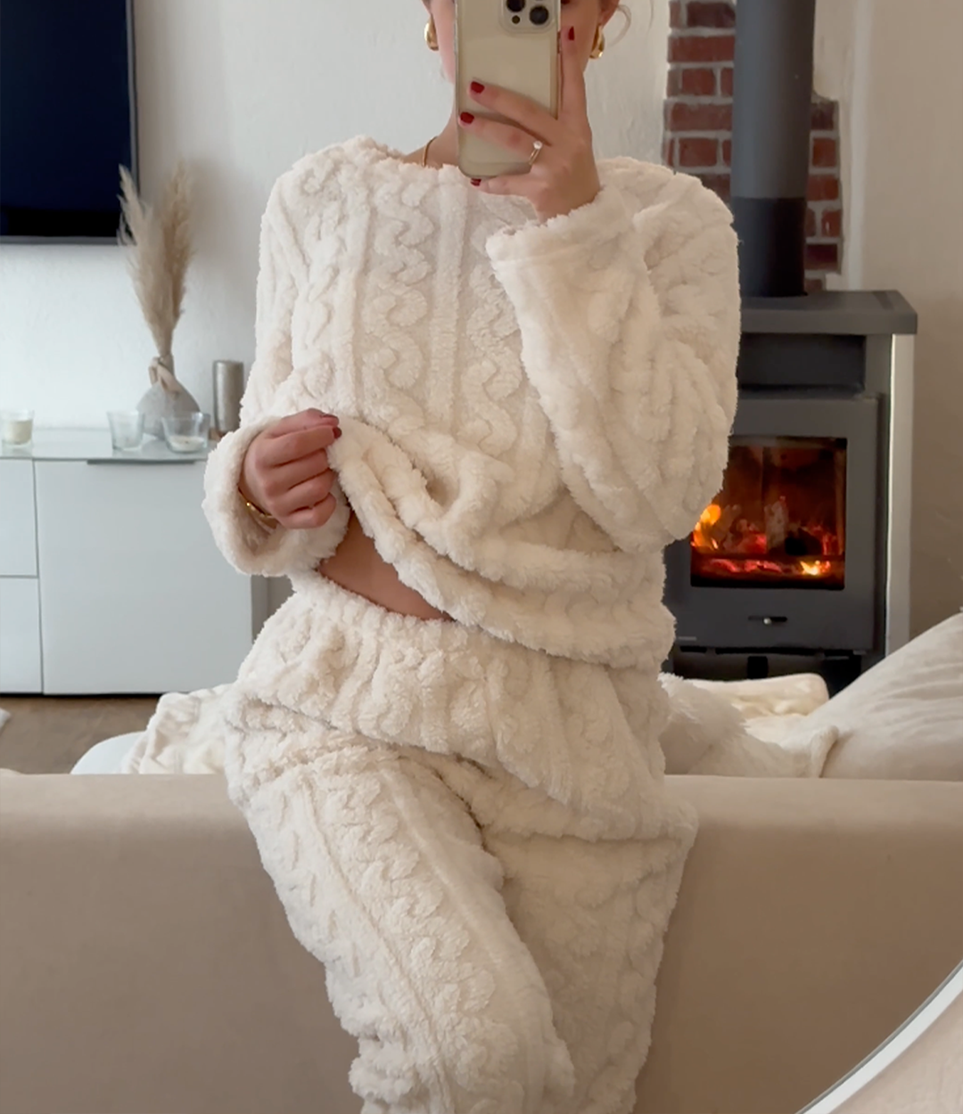Liora women’s pajama set with crew neck top and relaxed pants, cozy and elegant loungewear