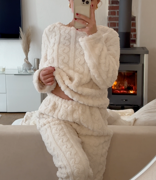 Liora women’s pajama set with crew neck top and relaxed pants, cozy and elegant loungewear