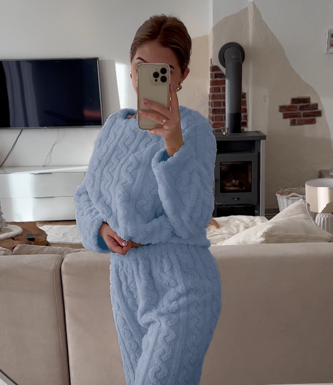Liora women’s pajama set with crew neck top and relaxed pants, cozy and elegant loungewear