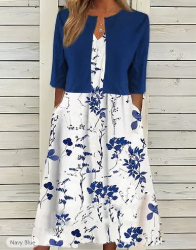 Clara women’s midi dress with floral print and matching blazer, versatile and elegant ensemble