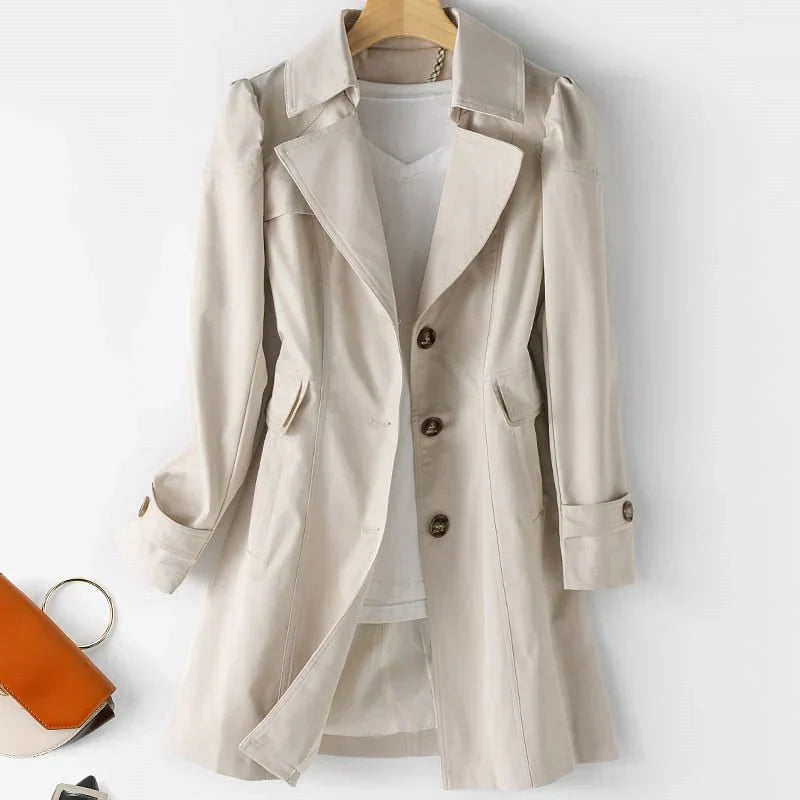 Leila elegant women's jacket with a structured fit, lapel collar, and subtle button details.