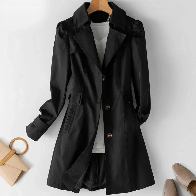 Leila elegant women's jacket with a structured fit, lapel collar, and subtle button details.