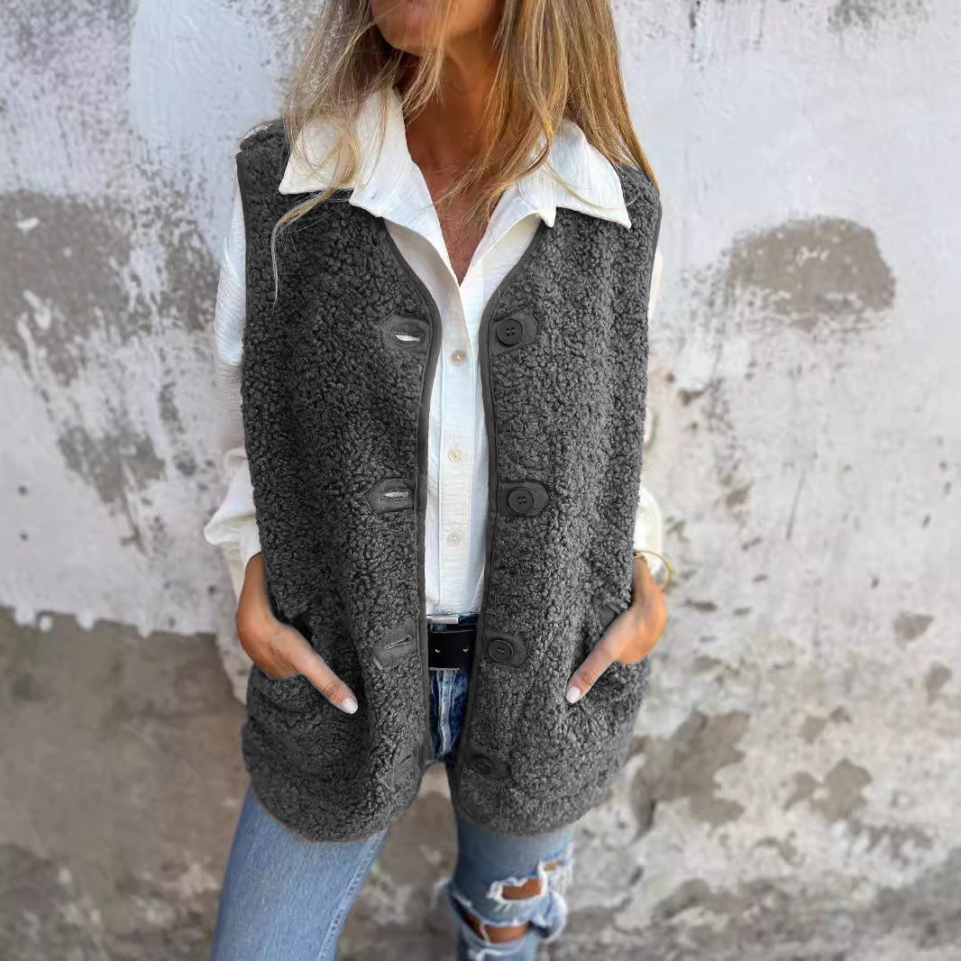 Ellie women’s fleece vest with button closure and pockets, cozy autumn winter layering piece