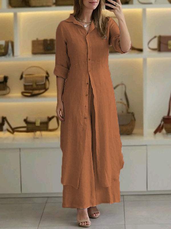 Luna two-piece set featuring a long-sleeve button-up shirt and wide-leg pants in a relaxed fit.