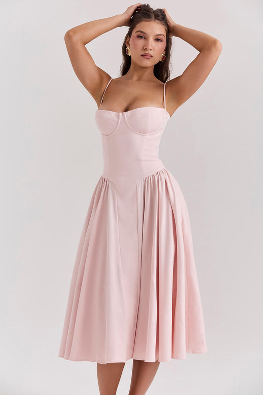 Selia women’s midi dress with fitted bodice and structured silhouette, ballerina-inspired elegance