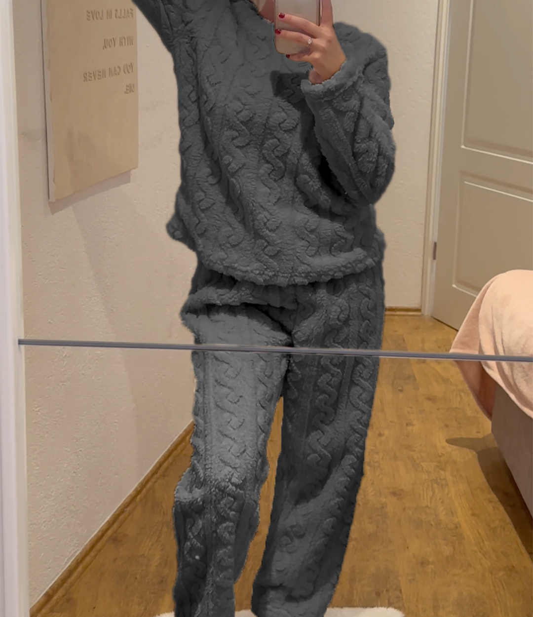 Liora women’s pajama set with crew neck top and relaxed pants, cozy and elegant loungewear