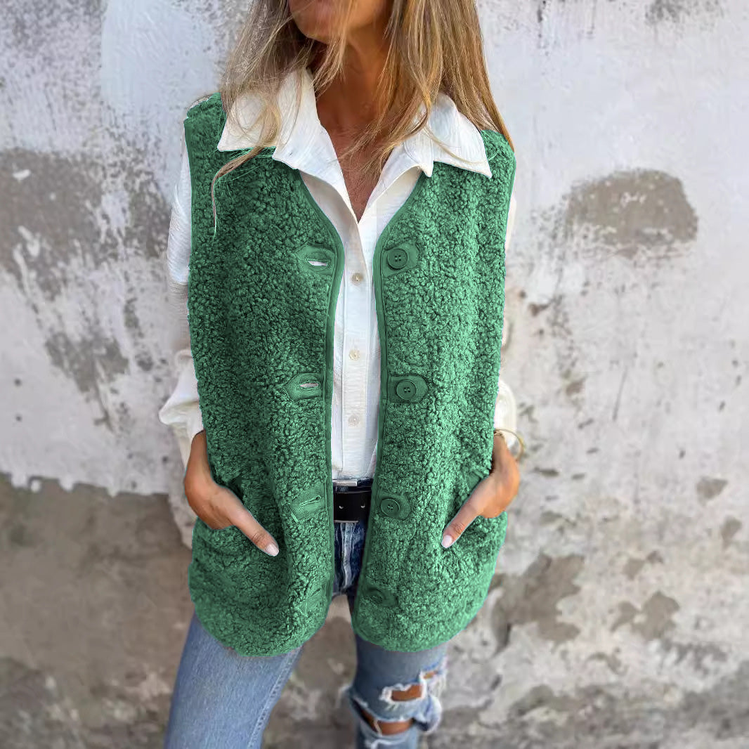 Ellie women’s fleece vest with button closure and pockets, cozy autumn winter layering piece