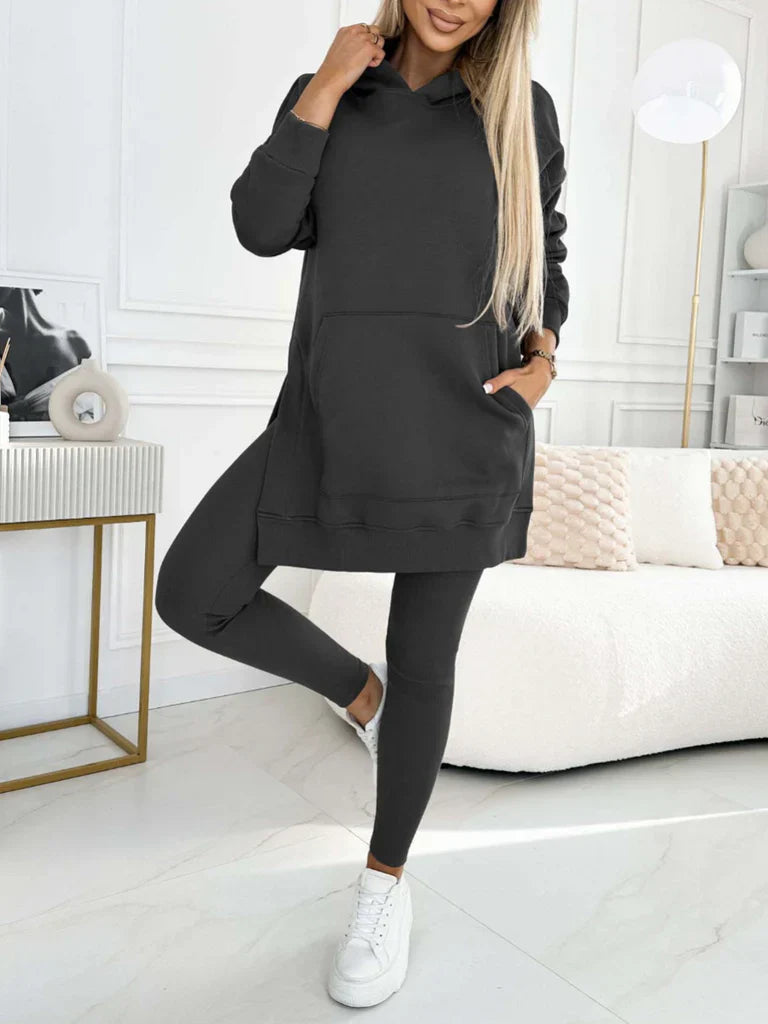 Kaia two-piece women's set with a high-neck sweatshirt and leggings in a neutral color.