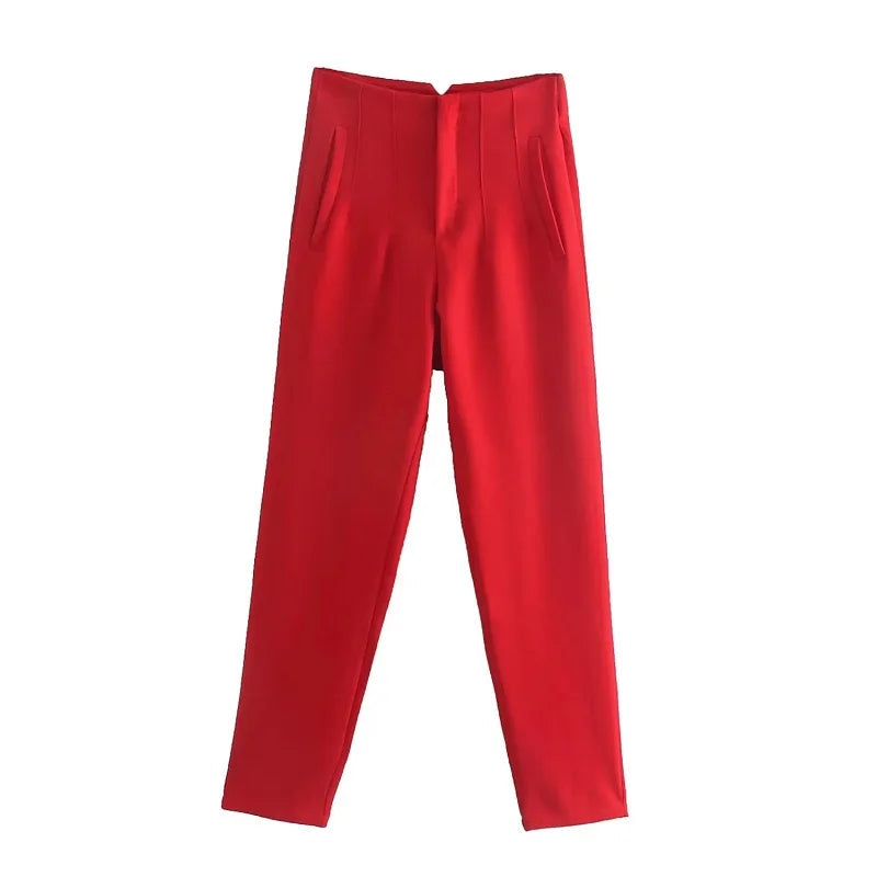 Audrey high-waisted elegant pants with a fitted silhouette and structured design, showcasing a refined look.