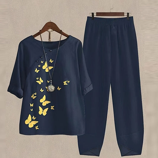 Isla casual two-piece set with a short-sleeve top and soft, elastic-waist pants.