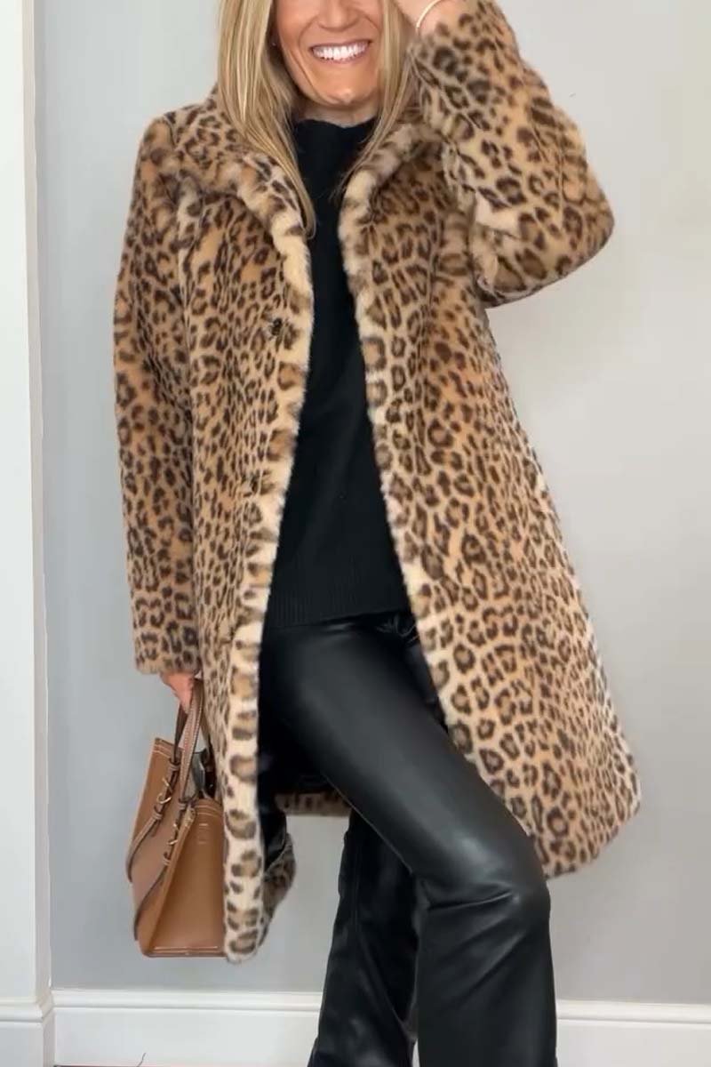 Selene women’s long coat with leopard print collar and tailored silhouette, bold and elegant design