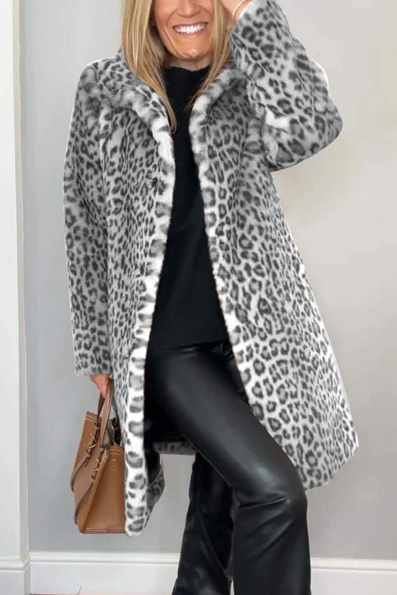 Selene women’s long coat with leopard print collar and tailored silhouette, bold and elegant design