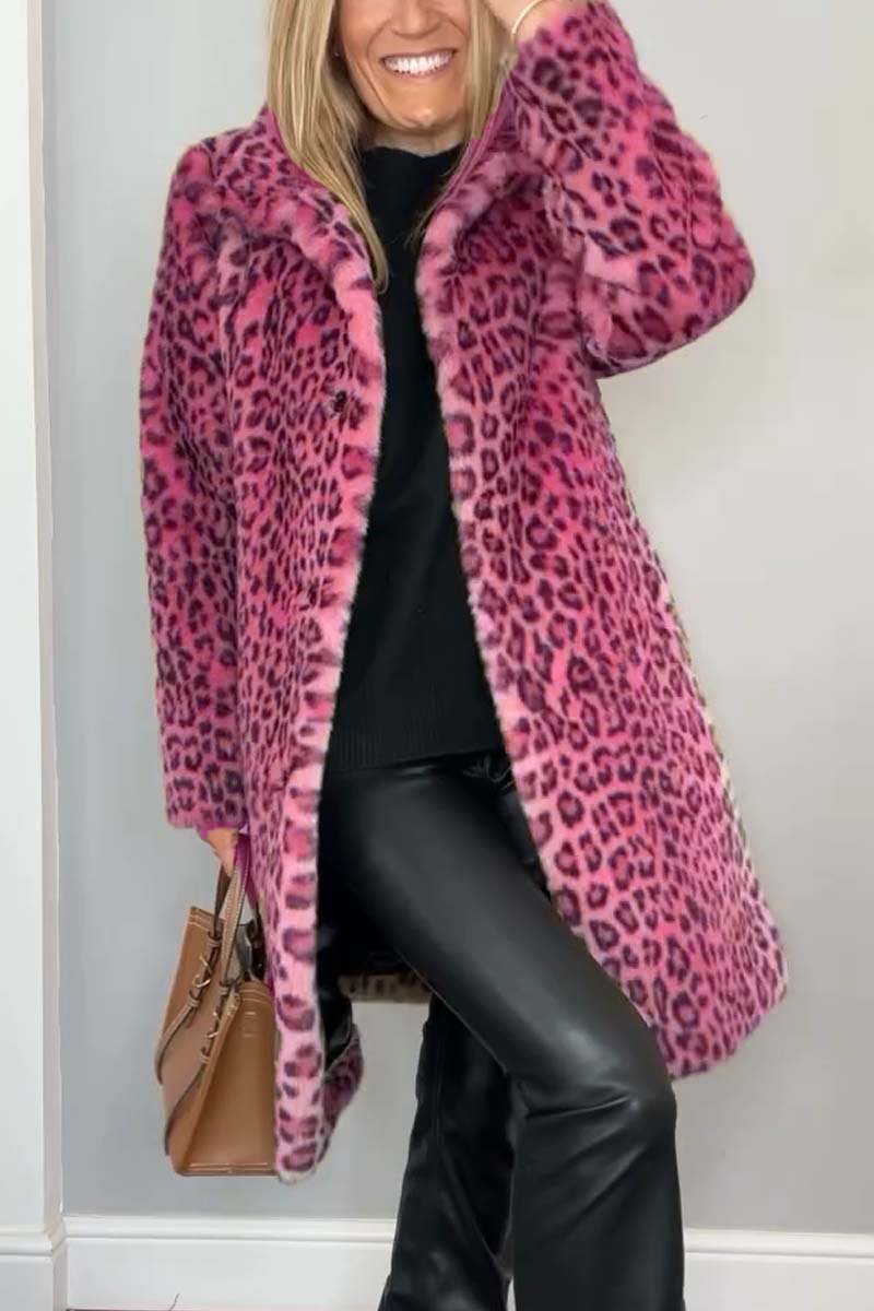 Selene women’s long coat with leopard print collar and tailored silhouette, bold and elegant design