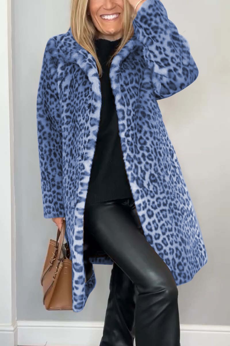 Selene women’s long coat with leopard print collar and tailored silhouette, bold and elegant design