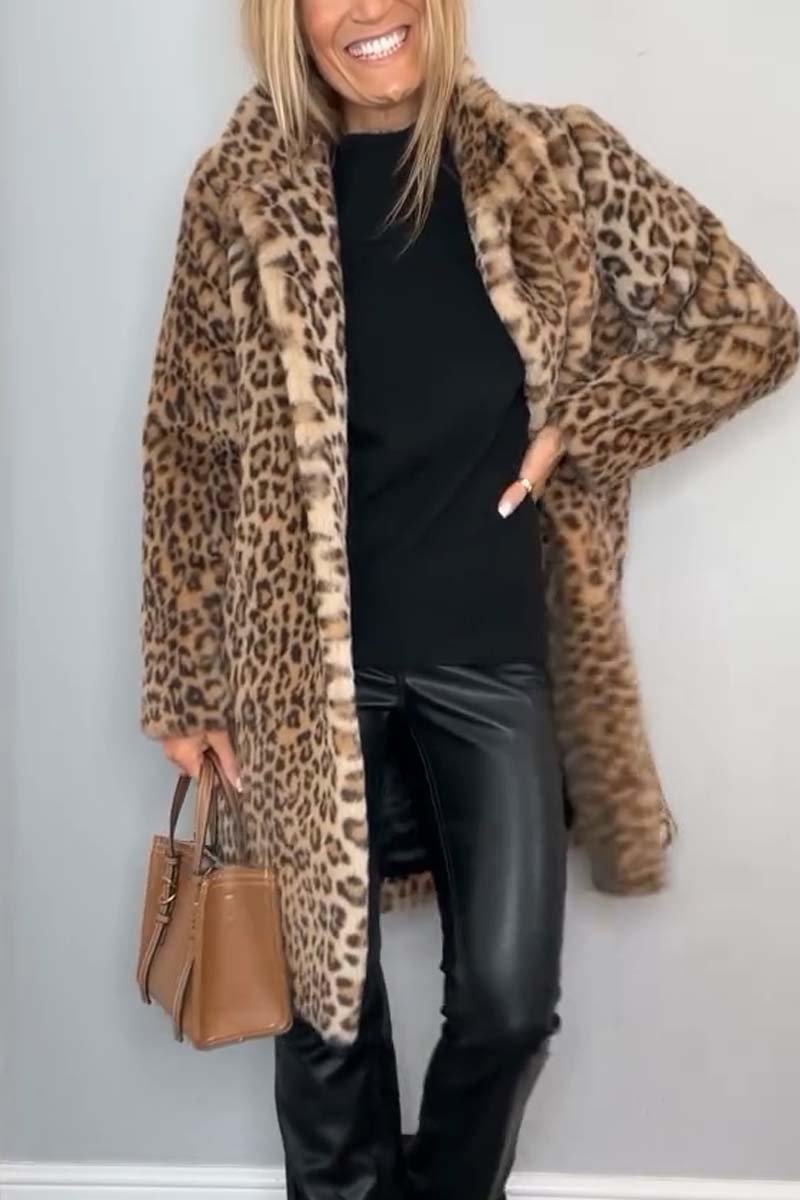 Selene women’s long coat with leopard print collar and tailored silhouette, bold and elegant design