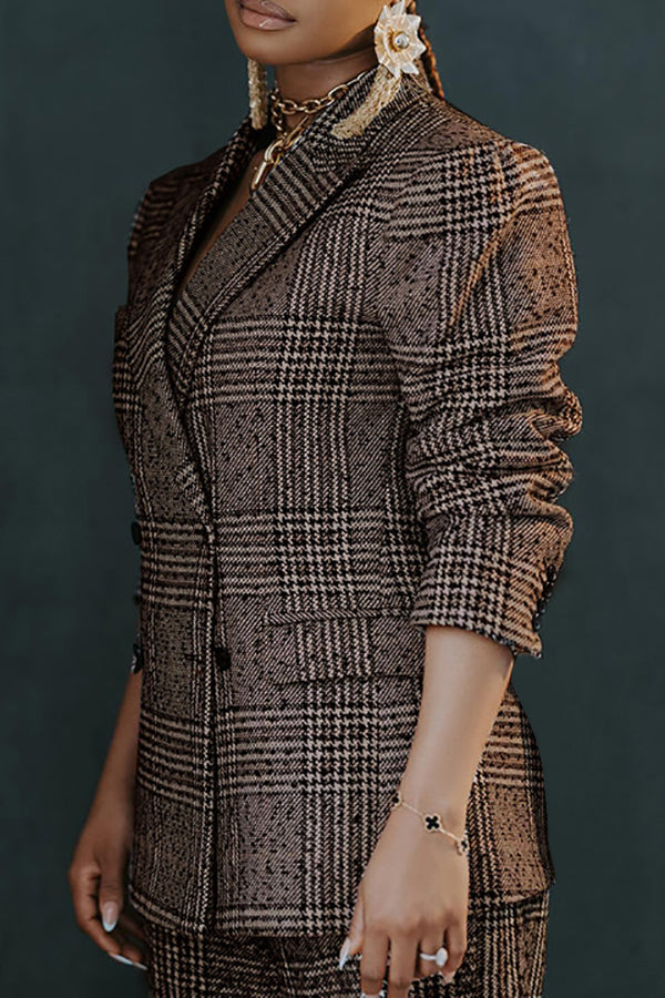 Lucienne women’s elegant two-piece blazer and trouser suit – tartan fabric with refined details
