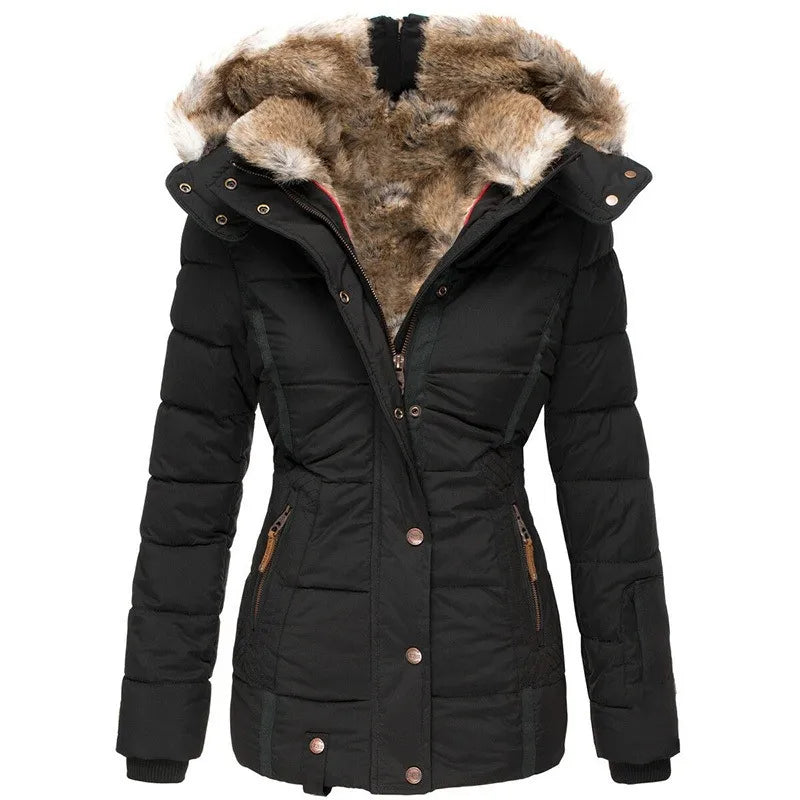 Christina women's lined coat with a long, refined silhouette and a convertible hood.