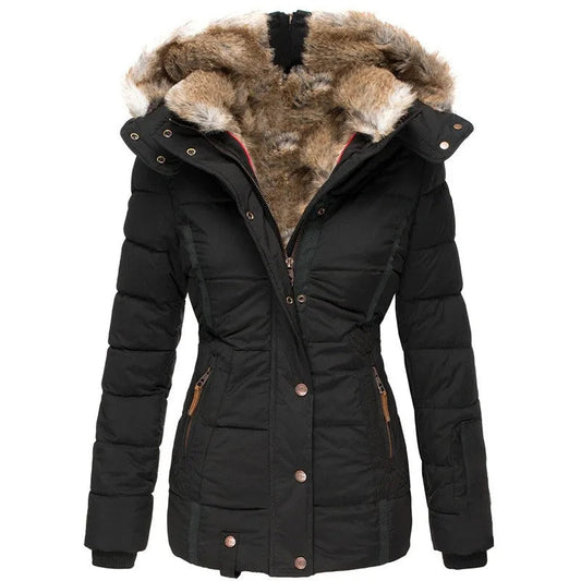 Christina women's lined coat with a long, refined silhouette and a convertible hood.