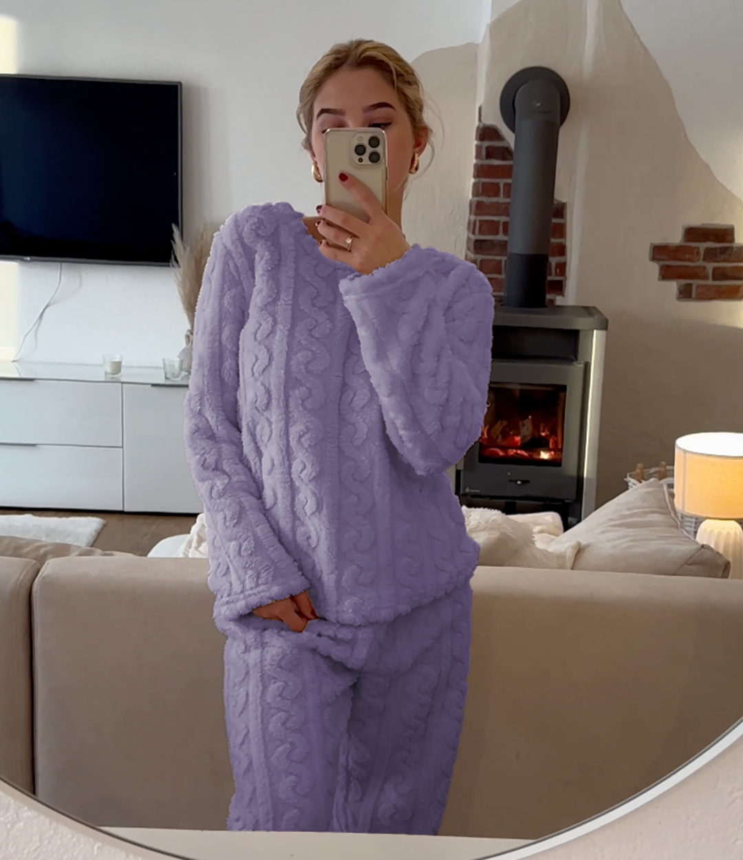 Liora women’s pajama set with crew neck top and relaxed pants, cozy and elegant loungewear