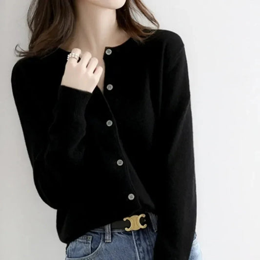 Isla women’s buttoned sweater with round neckline and delicate buttons, soft knit fabric, versatile style