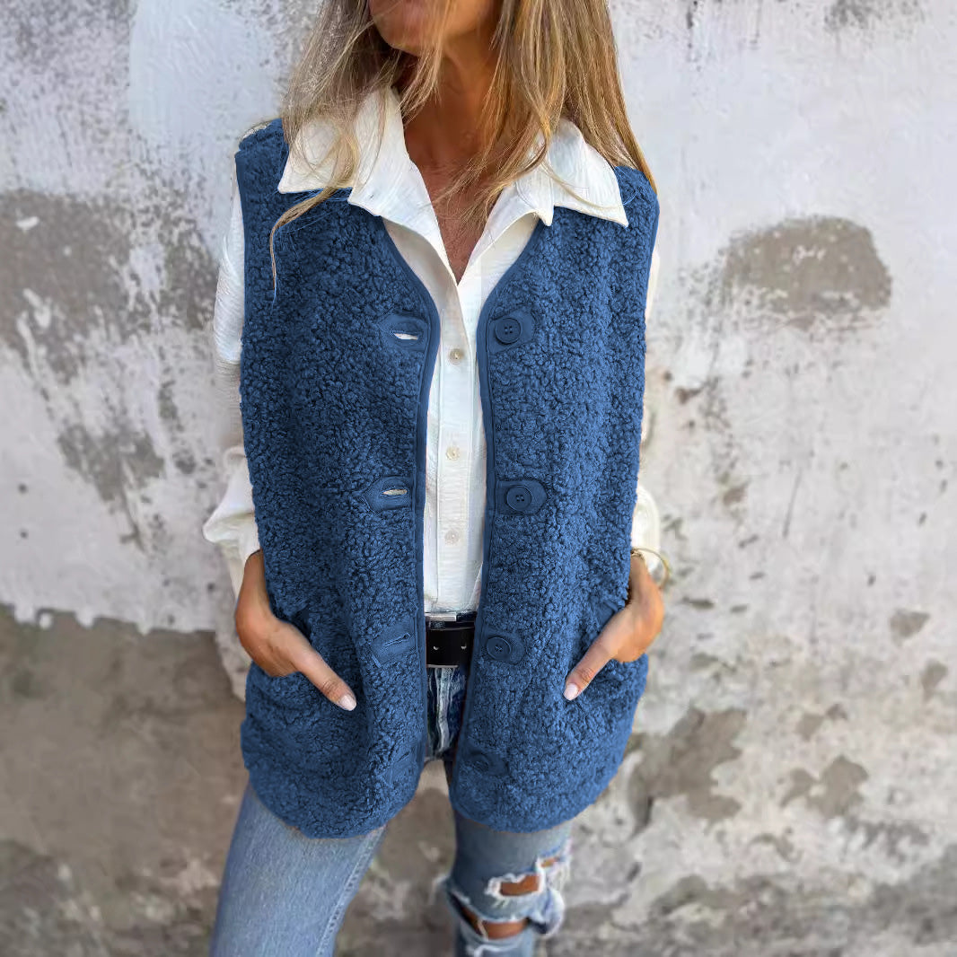 Ellie women’s fleece vest with button closure and pockets, cozy autumn winter layering piece