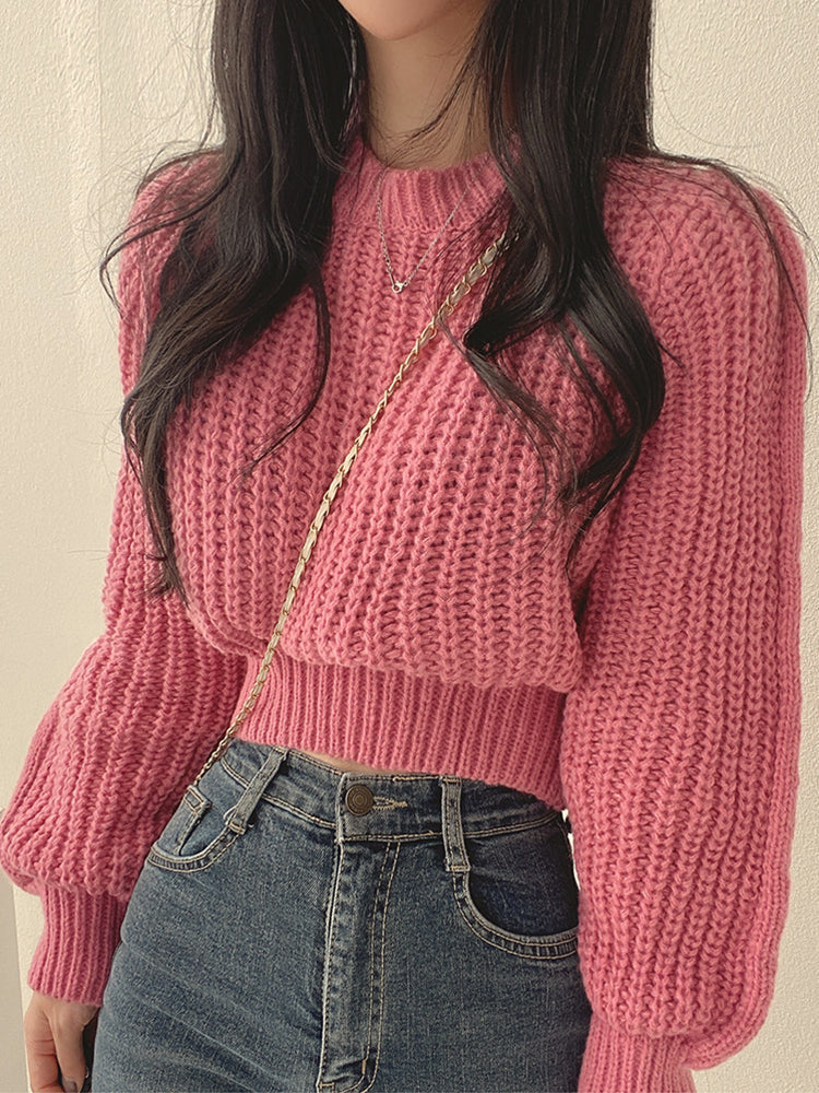 Women’s knitted sweater with braided woven details – round neck