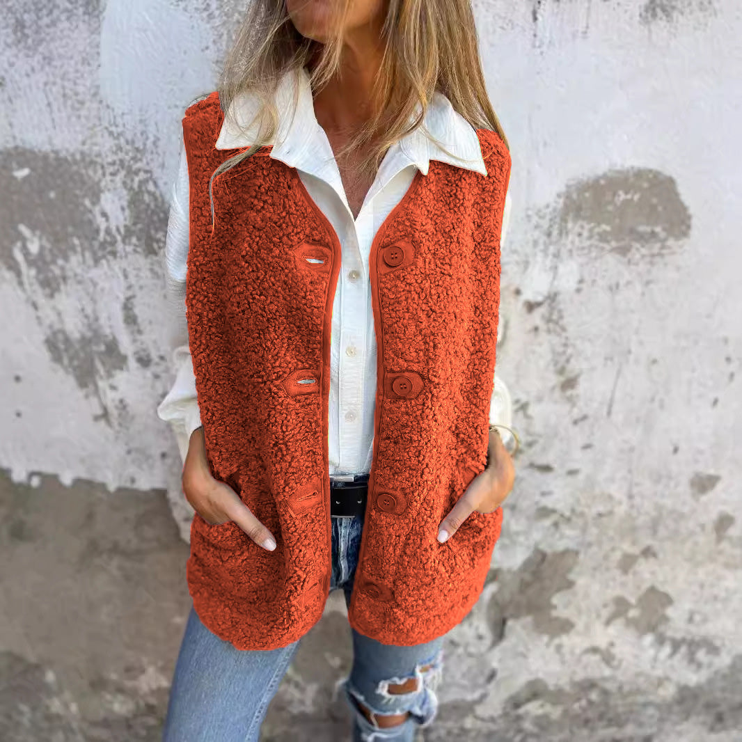 Ellie women’s fleece vest with button closure and pockets, cozy autumn winter layering piece