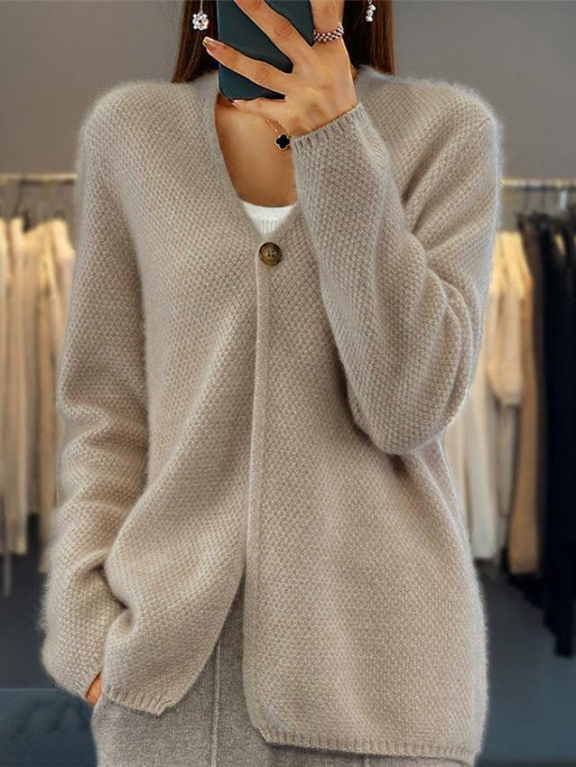 Aveline women’s V-neck cardigan with delicate buttons and relaxed fit, elegant and versatile style