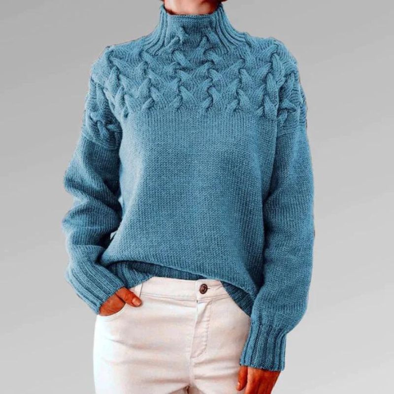 Nadia women’s high neck sweater with textured knit and crossover detail, elegant winter knitwear