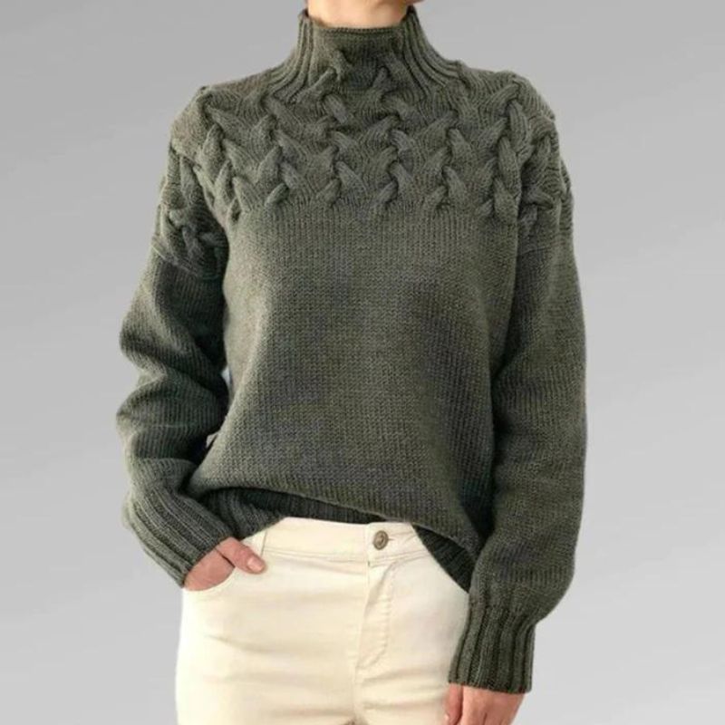 Nadia women’s high neck sweater with textured knit and crossover detail, elegant winter knitwear