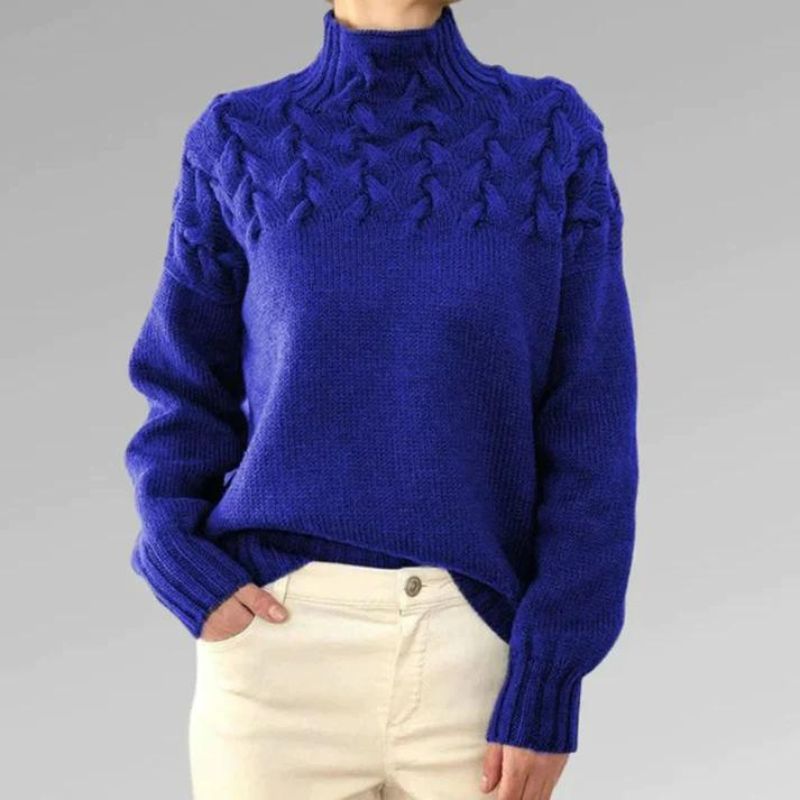 Nadia women’s high neck sweater with textured knit and crossover detail, elegant winter knitwear