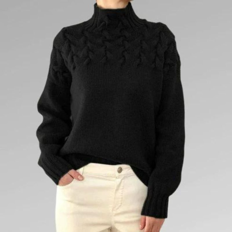 Nadia women’s high neck sweater with textured knit and crossover detail, elegant winter knitwear