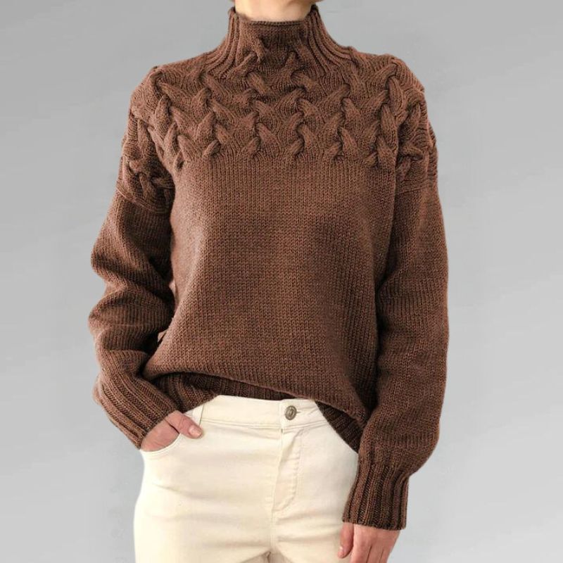 Nadia women’s high neck sweater with textured knit and crossover detail, elegant winter knitwear