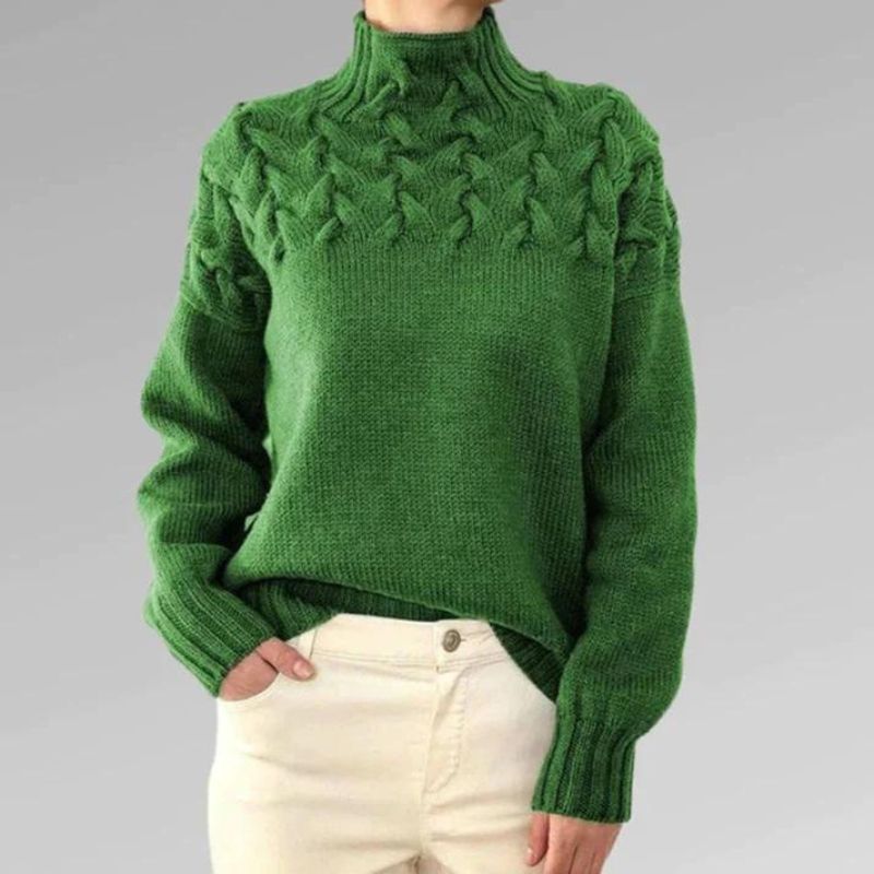 Nadia women’s high neck sweater with textured knit and crossover detail, elegant winter knitwear
