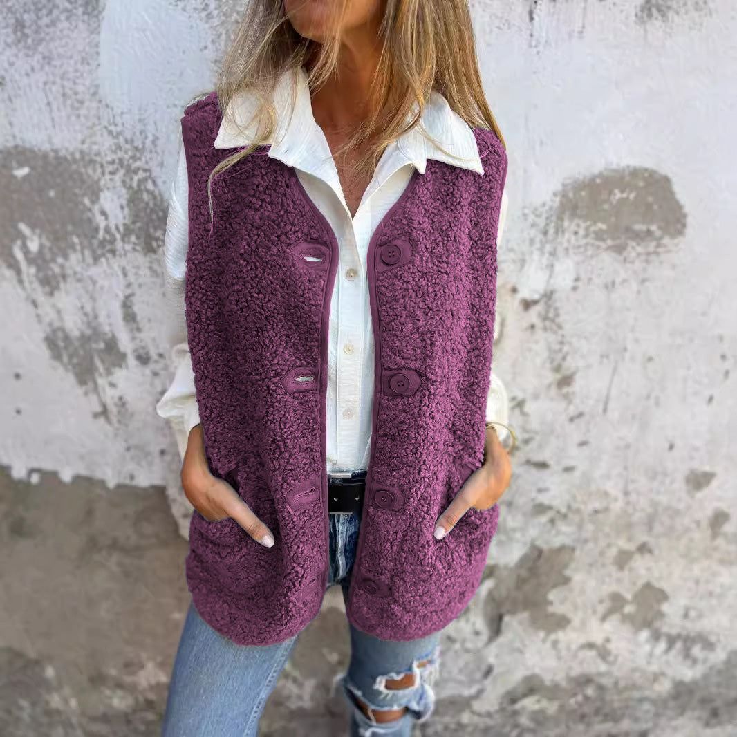 Ellie women’s fleece vest with button closure and pockets, cozy autumn winter layering piece