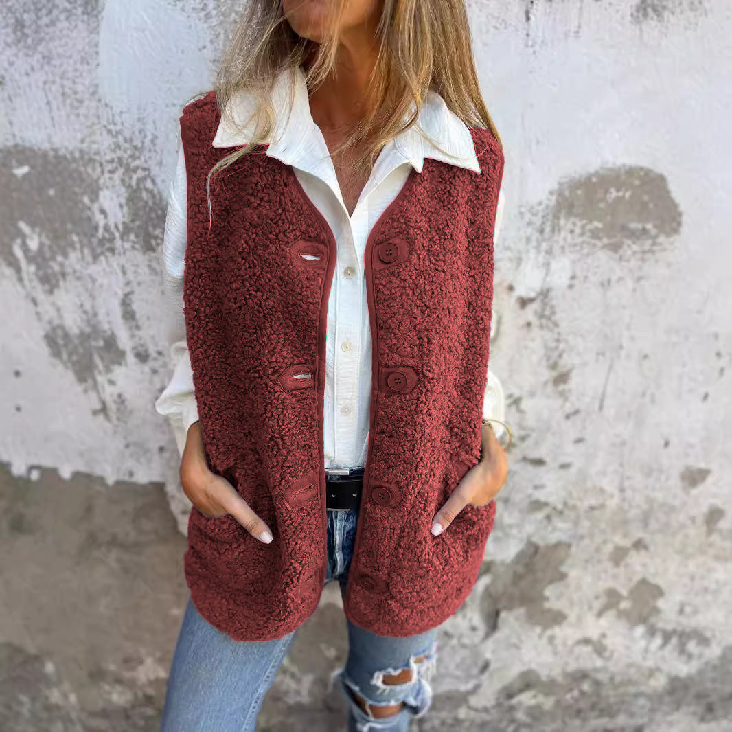 Ellie women’s fleece vest with button closure and pockets, cozy autumn winter layering piece